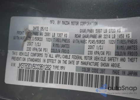 2012 Mazda Cx-9 Grand Touring z USA, uszkodzony, nr VIN JM3TB3DV5C0361282